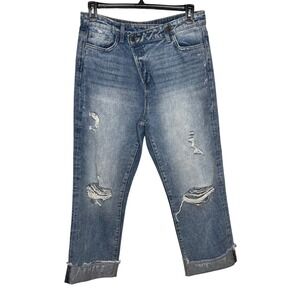 Flying Monkey Jeans Size 29 Asymmetrical Button Fly Distressed Blue Cropped Jean